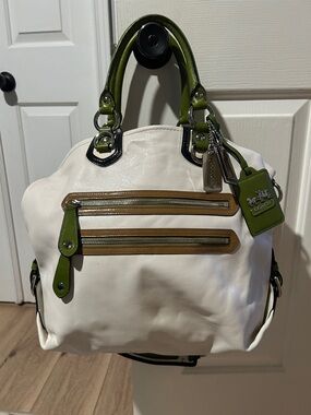Madison Spectator Coach Large White Leather with Green Handles and Tan Trim